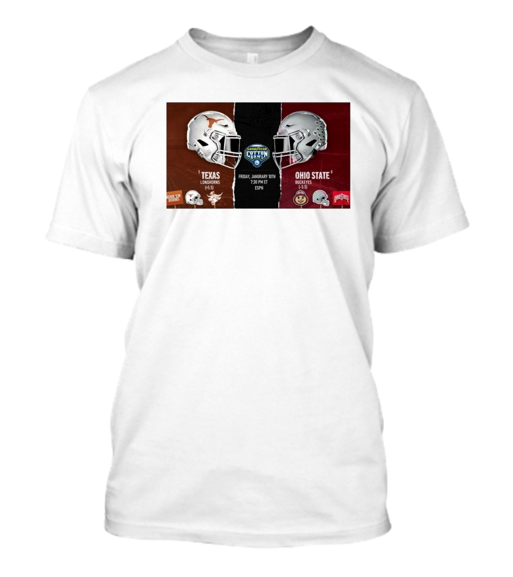 Texas Longhorns Vs Ohio State Buckeyes Goodyear Cotton Bowl Friday January 10th 2025 ESPN Helmets Showdown T-Shirt