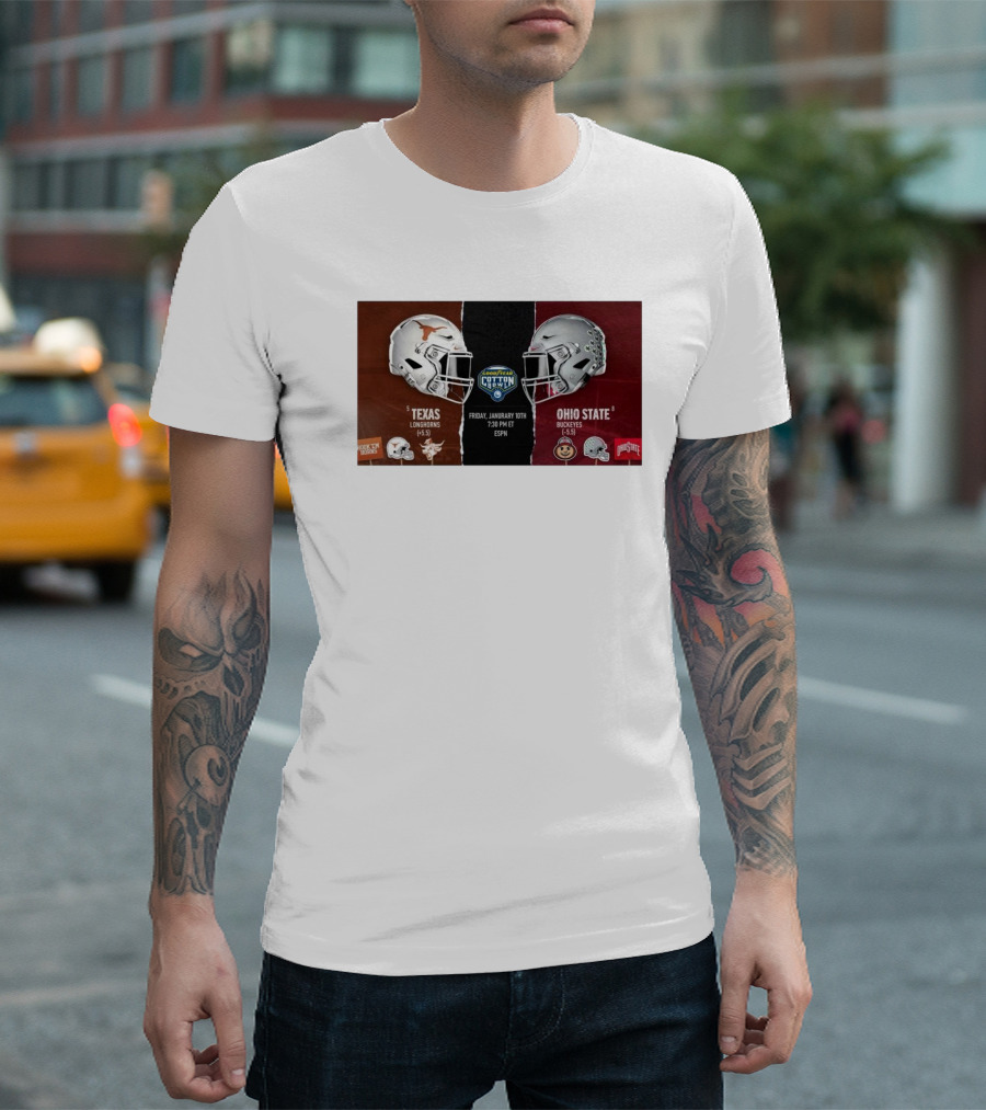 Texas Longhorns Vs Ohio State Buckeyes Goodyear Cotton Bowl Friday January 10th 2025 ESPN Helmets Showdown T-Shirt