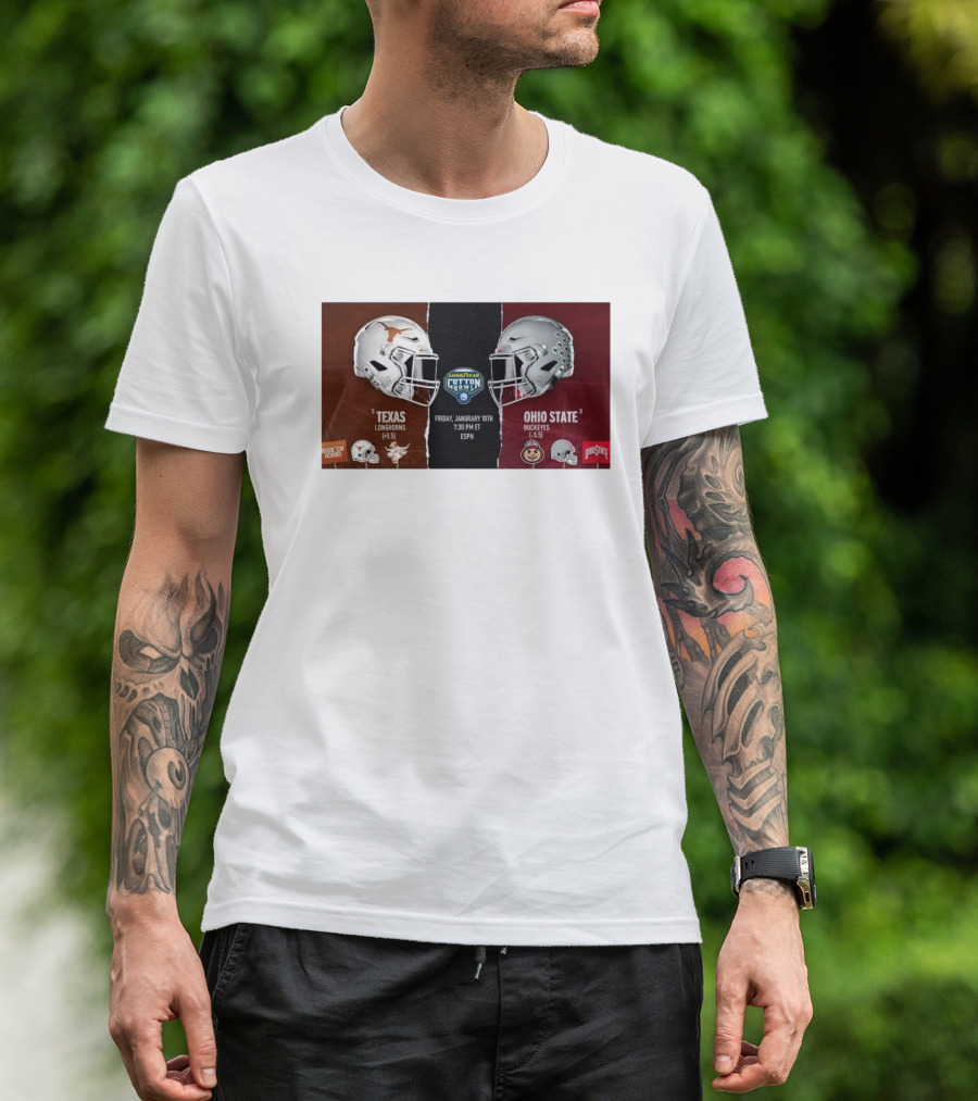 Texas Longhorns Vs Ohio State Buckeyes Goodyear Cotton Bowl Friday January 10th 2025 ESPN Helmets Showdown T-Shirt