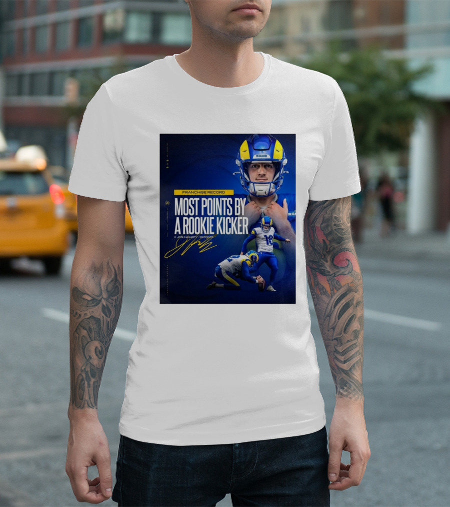 Franchise Record Most Points by a Rookie Kicker K Joshua Karty 119 Points Los Angeles Rams Signature T-Shirt