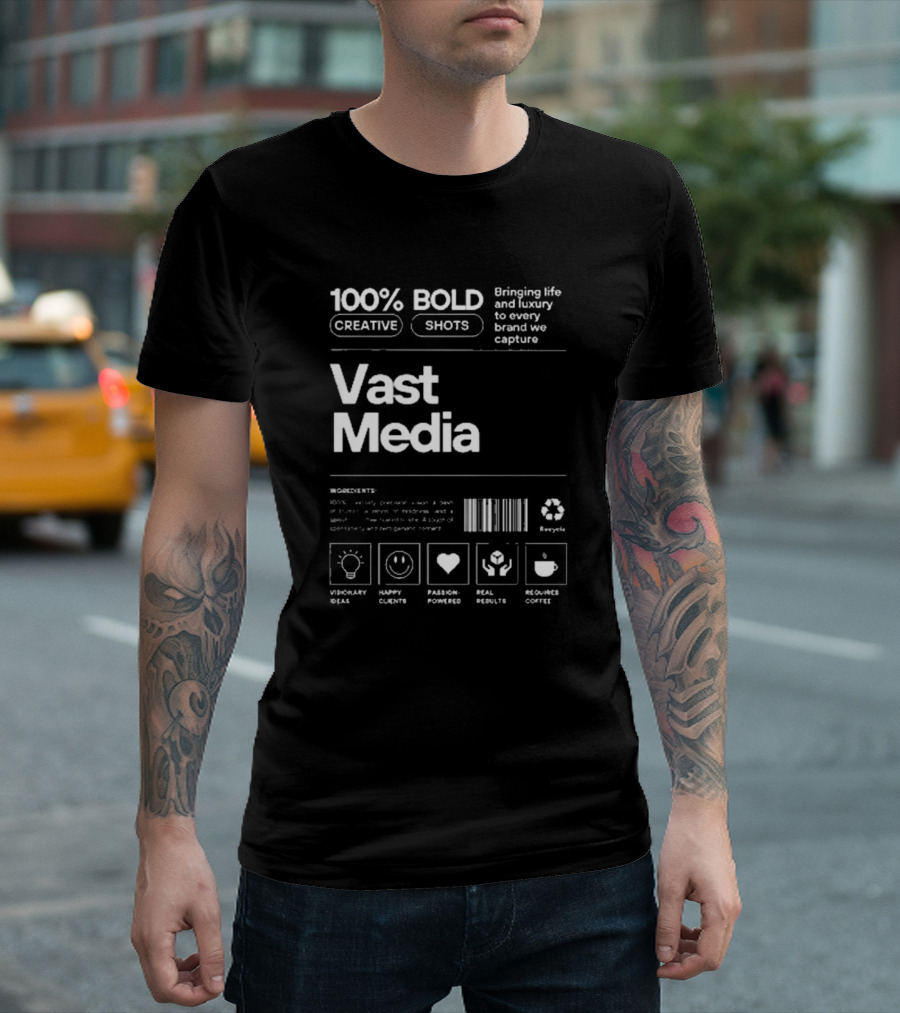 100% Bold Creative Shots Bringing Life and Luxury to Every Brand We Capture Vast Media Visionary Ideas Happy Clients Passion-Powered Real Results Requires Coffee T-Shirt