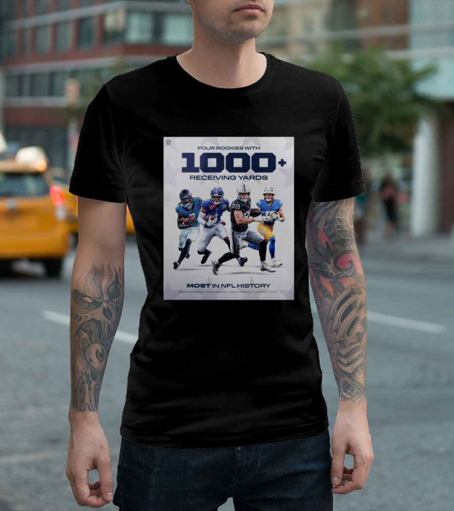 Four Rookies 1000+ Receiving Yards Most In NFL History Brian Thomas Malik Nabers Brock Bowers Ladd McConkey T-Shirt
