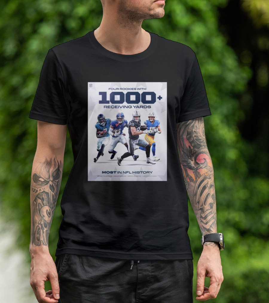 Four Rookies 1000+ Receiving Yards Most In NFL History Brian Thomas Malik Nabers Brock Bowers Ladd McConkey T-Shirt