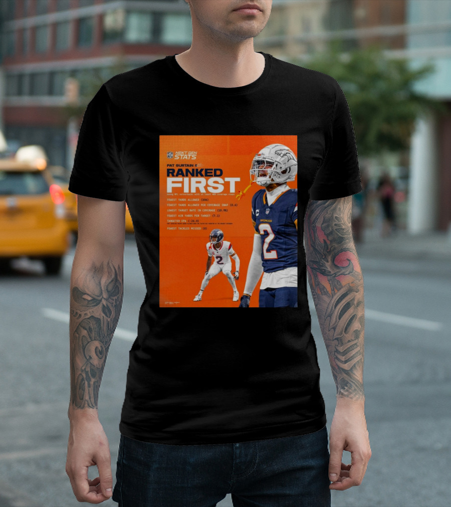 Denver Broncos Pat Surtain II Ranked First NFL Next Gen Stats Fewest Yards Allowed 306 Coverage Snap 0.6 T-Shirt