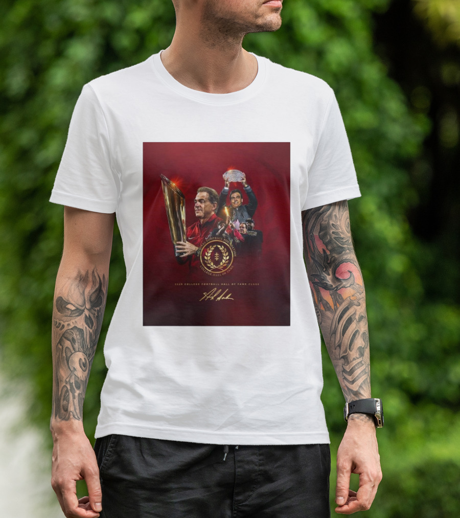 Alabama Crimson Tide Coach Nick Saban 2025 College Football Hall Of Fame Class With Trophy And Signature T-Shirt