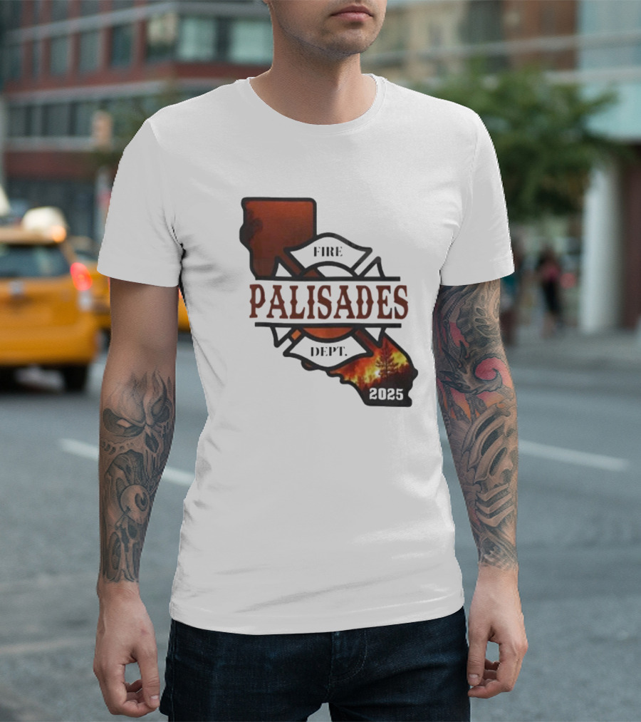 California Republic Fire Palisades Dept 2025 Map Silhouette With Flames T-Shirt