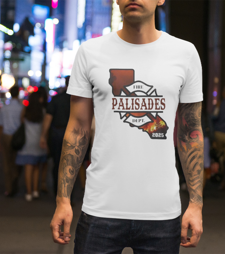 California Republic Fire Palisades Dept 2025 Map Silhouette With Flames T-Shirt