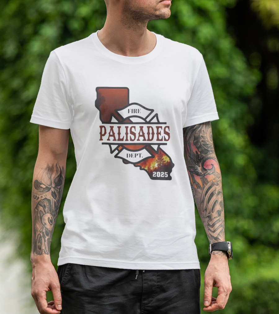 California Republic Fire Palisades Dept 2025 Map Silhouette With Flames T-Shirt