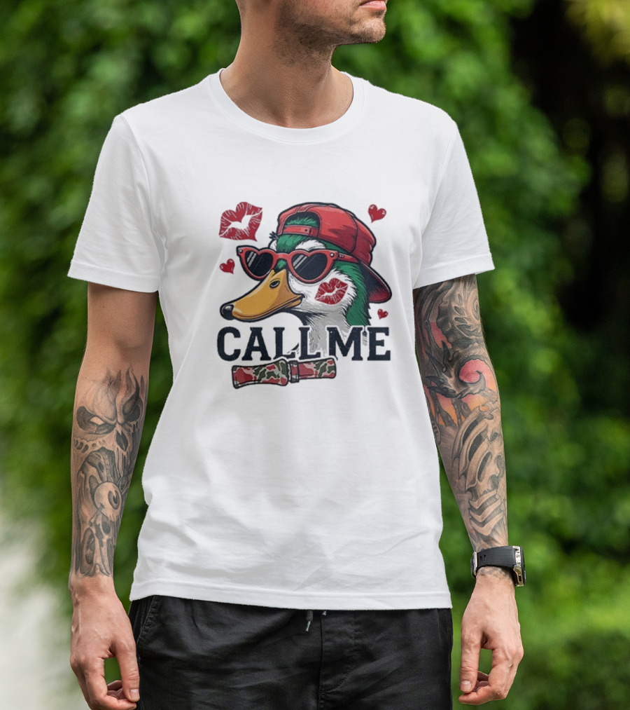 Call Me Valentine Mallard Duck In Sunglasses And Red Cap Surrounded By Hearts And Kisses T-Shirt