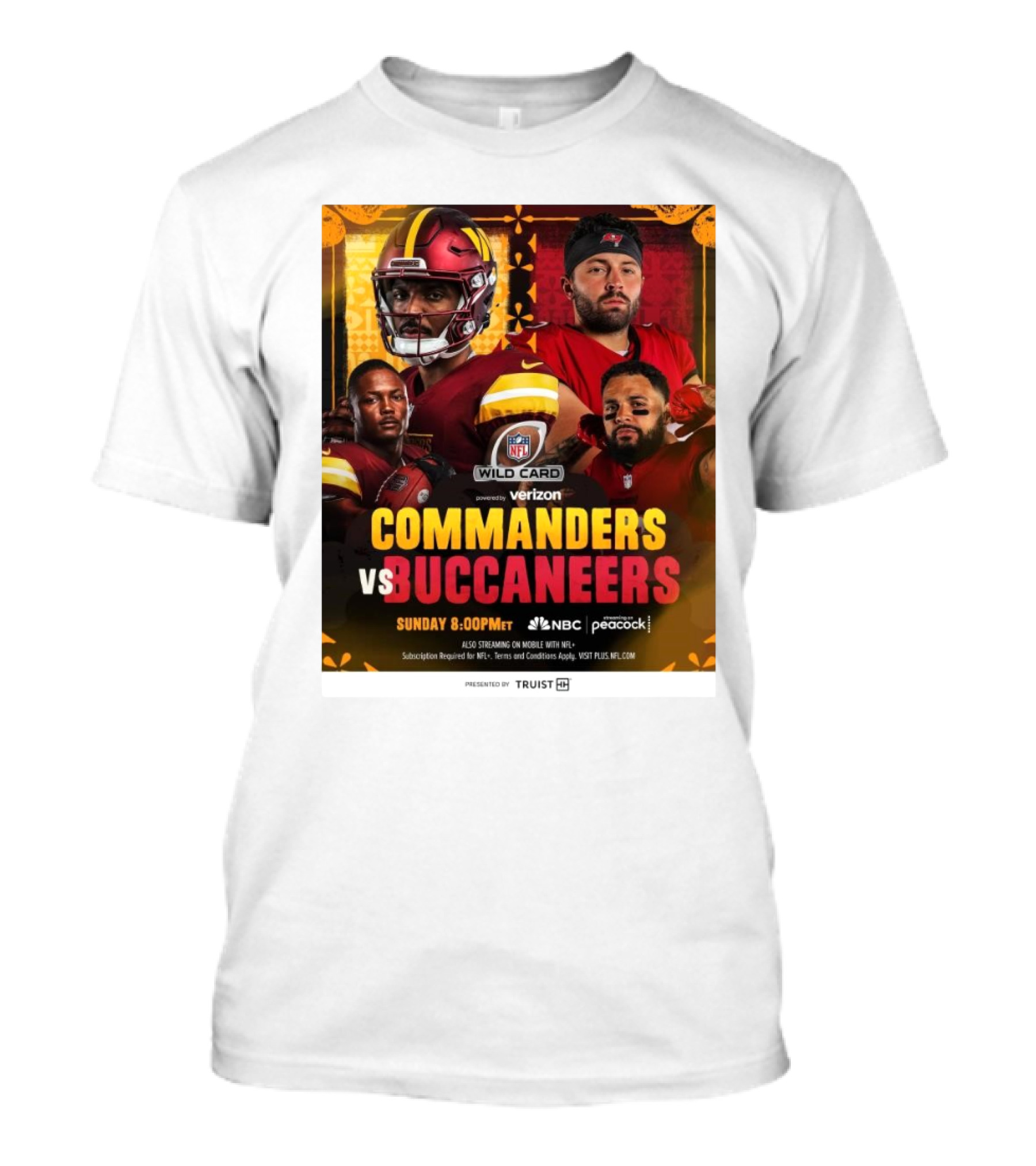 NFL Wild Card Matchup Commanders Vs Buccaneers Featuring Jayden Daniels And Baker Mayfield Battle For Divisional Round Qualification T-Shirt