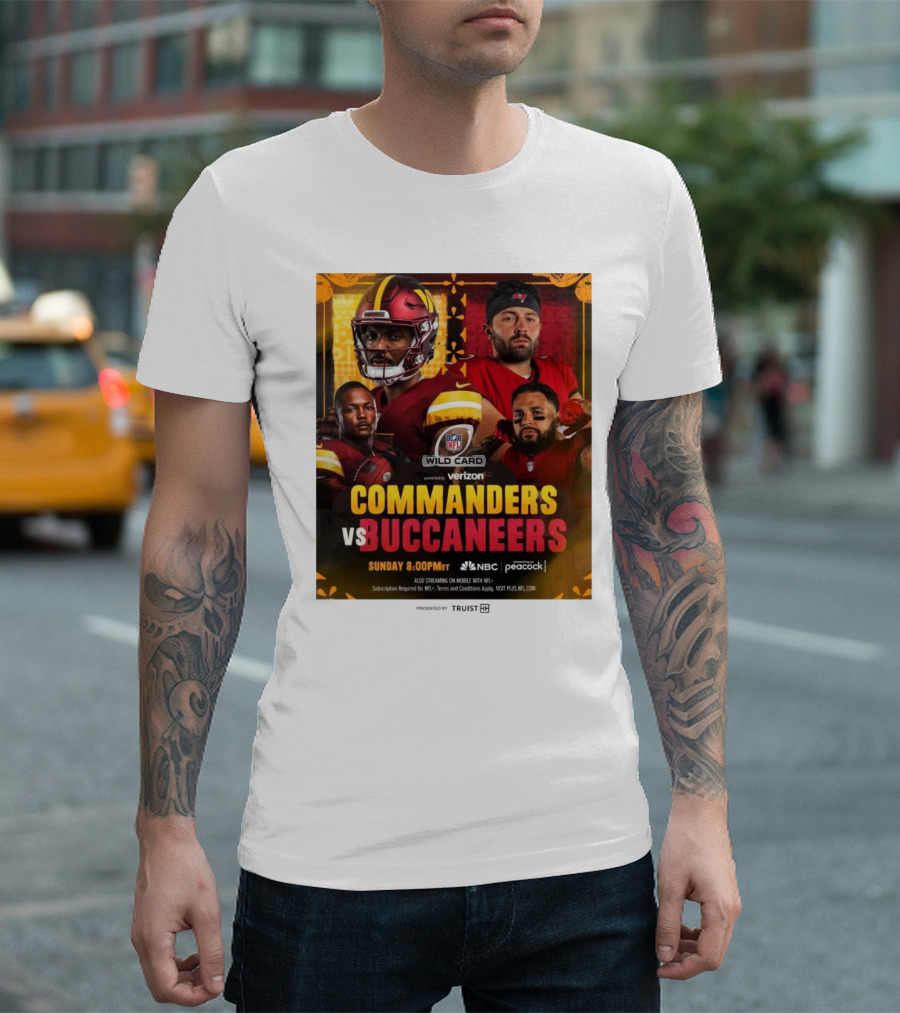 NFL Wild Card Matchup Commanders Vs Buccaneers Featuring Jayden Daniels And Baker Mayfield Battle For Divisional Round Qualification T-Shirt