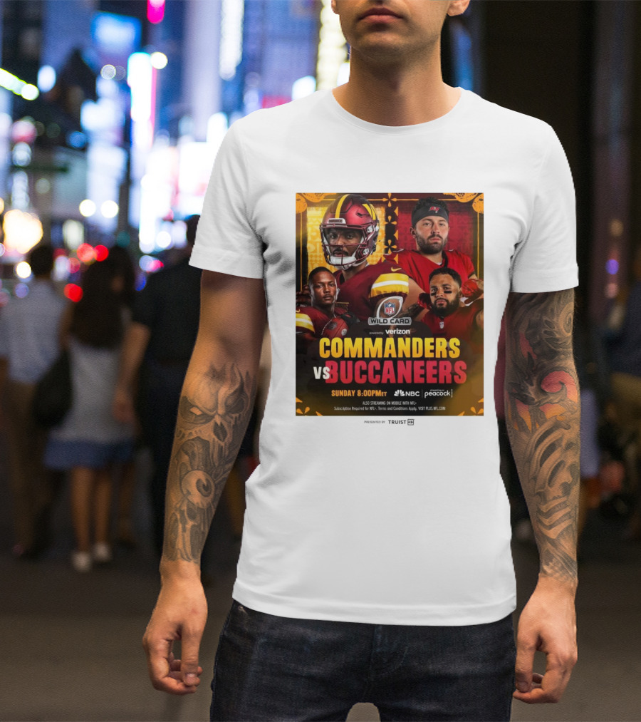NFL Wild Card Matchup Commanders Vs Buccaneers Featuring Jayden Daniels And Baker Mayfield Battle For Divisional Round Qualification T-Shirt