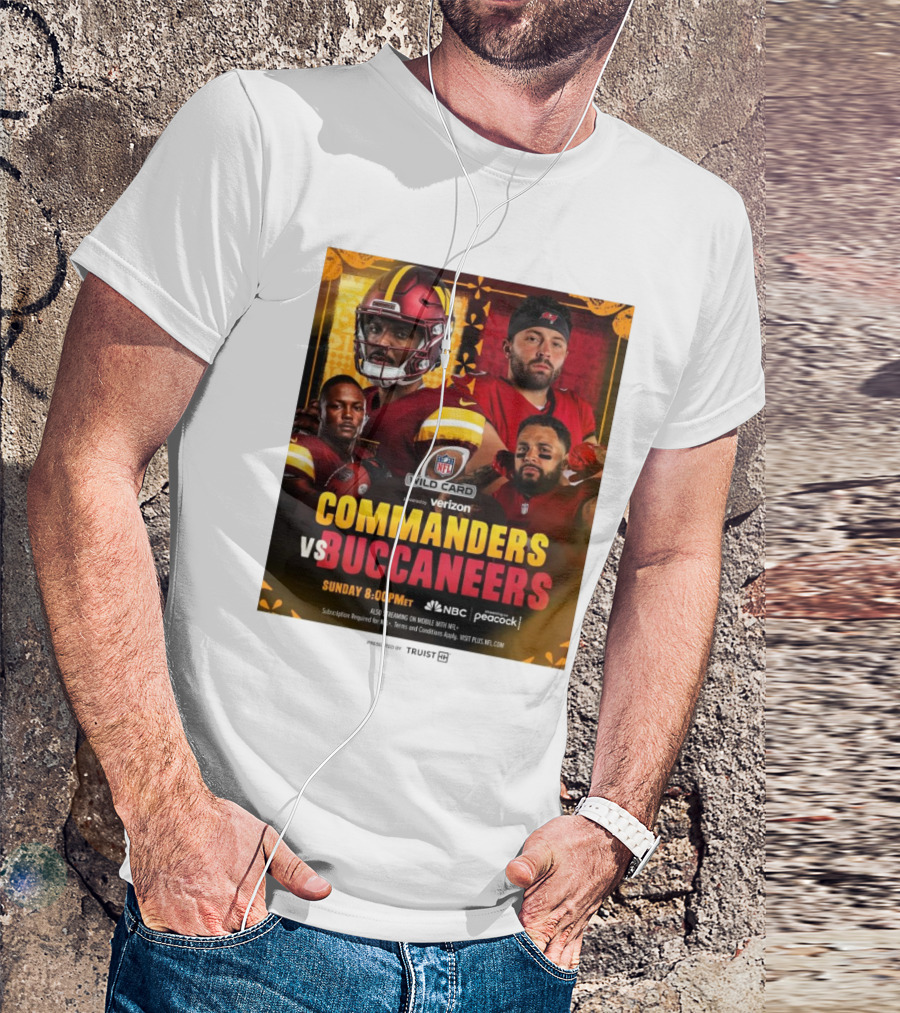 NFL Wild Card Matchup Commanders Vs Buccaneers Featuring Jayden Daniels And Baker Mayfield Battle For Divisional Round Qualification T-Shirt