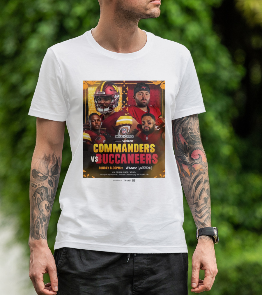 NFL Wild Card Matchup Commanders Vs Buccaneers Featuring Jayden Daniels And Baker Mayfield Battle For Divisional Round Qualification T-Shirt