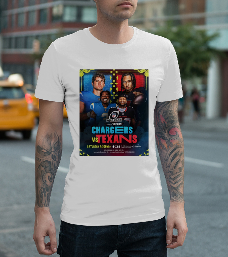 Verizon NFL Wild Card Chargers Vs Texans Saturday 4:30 PM CBS Stream Paramount Plus T-Shirt