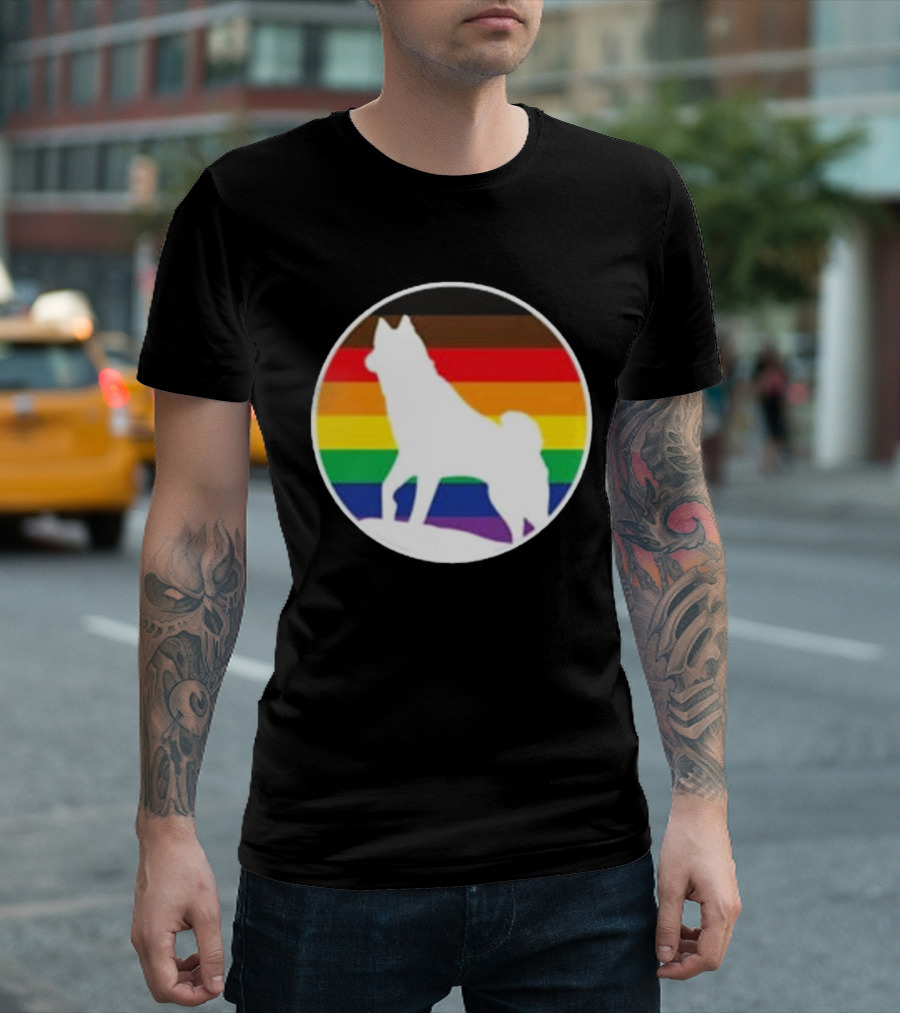 Pride Huskies Silhouette On Rainbow Background T-Shirt
