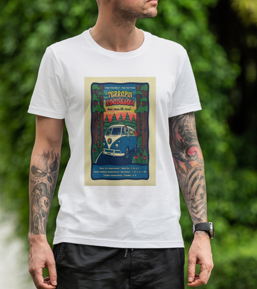 Terrapin Roadshow 2025 Goin’ Down The Road Tour Poster Featuring Retro Van And Forest Scene T-Shirt