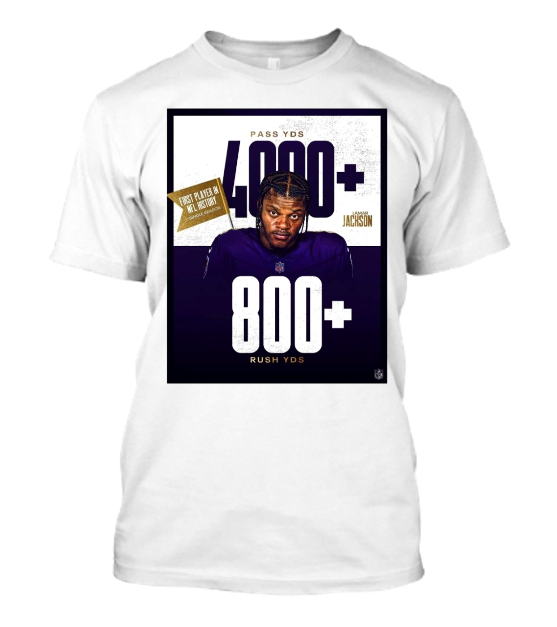 Lamar Jackson 4000+ Pass YDs 800+ Rush YDs First Player In NFL History T-Shirt