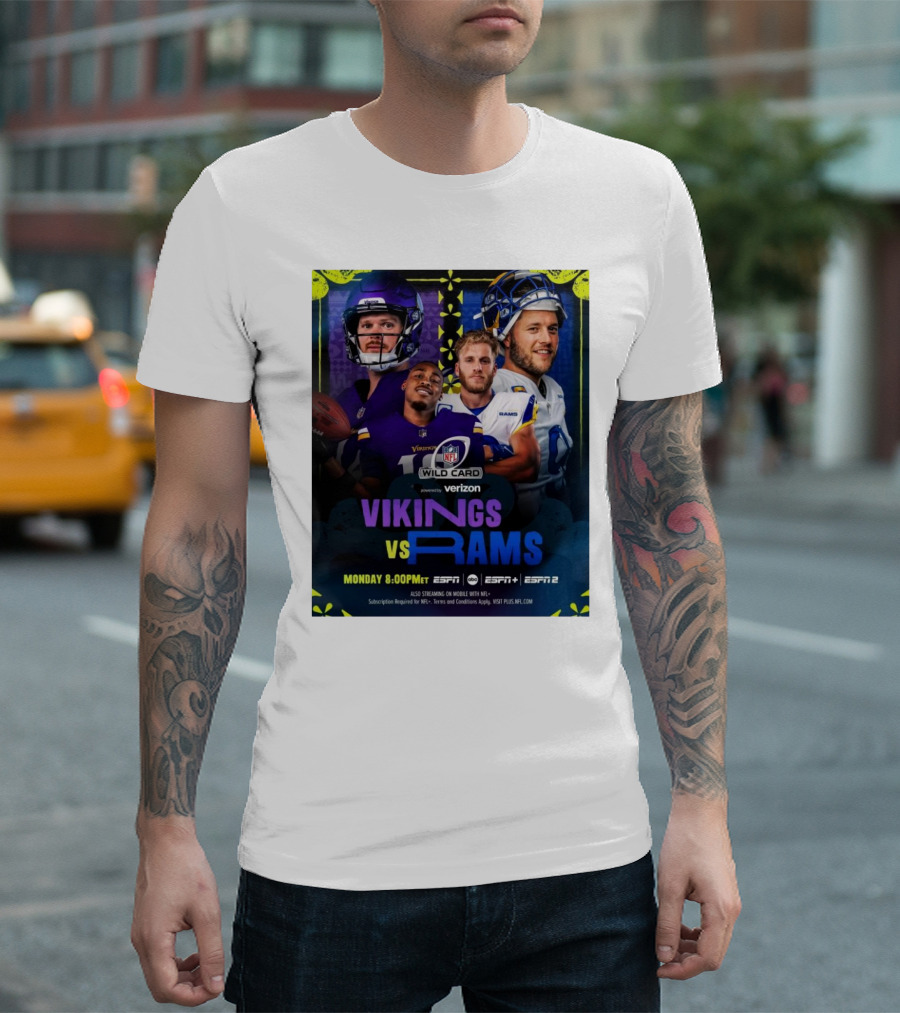 Vikings Vs Rams NFL Wild Card Monday 8:00PM ET ESPN ESPN2 Verizon T-Shirt