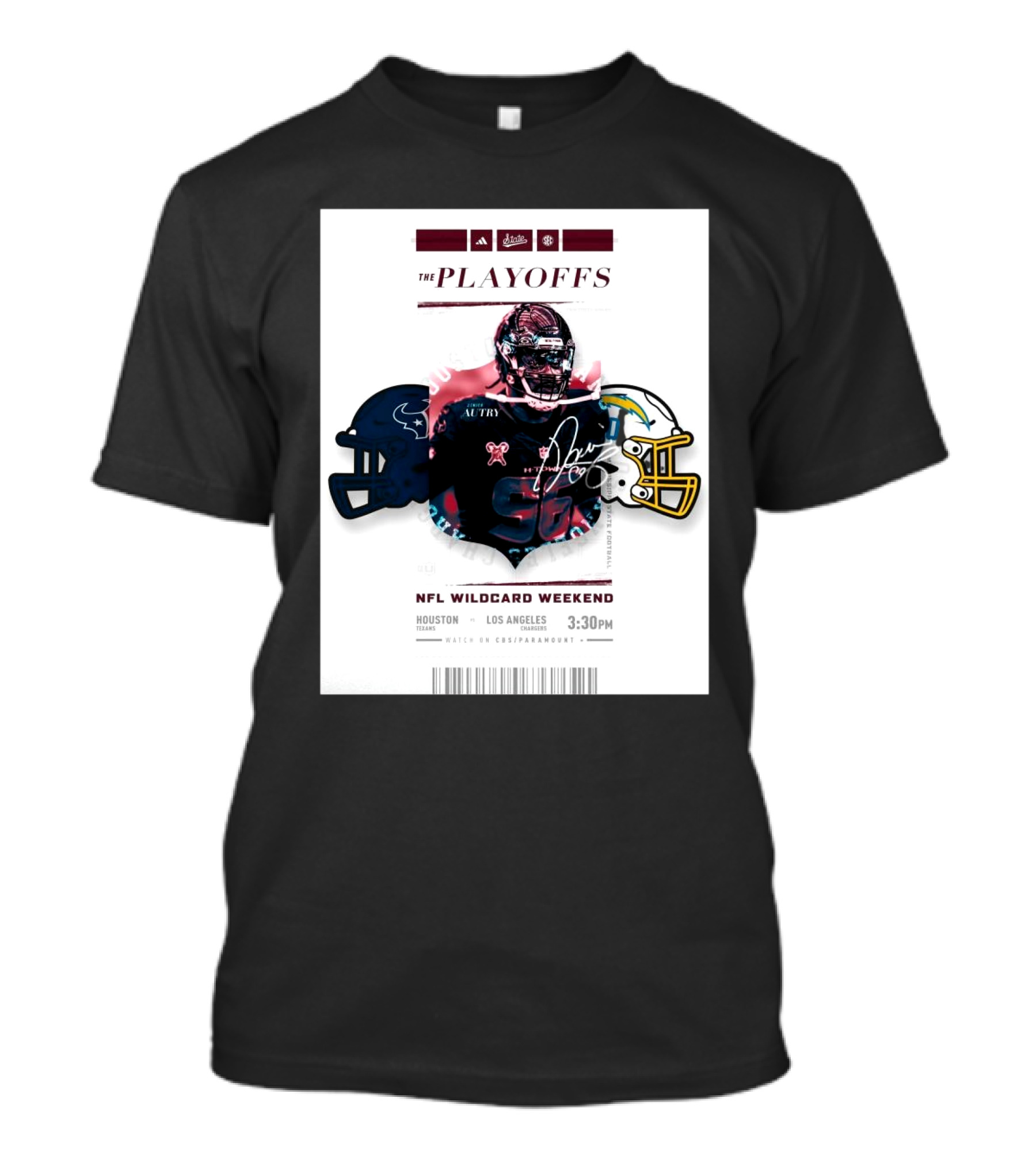 Mississippi State Bulldogs The Playoffs NFL Wild Card Weekend Houston Texans Vs Los Angeles Chargers Denico Autry Signature Image T-Shirt