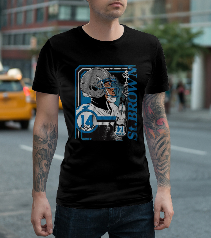 Amon-Ra St. Brown Detroit Lions NFL Number 14 Collage Signature Frame Football T-Shirt
