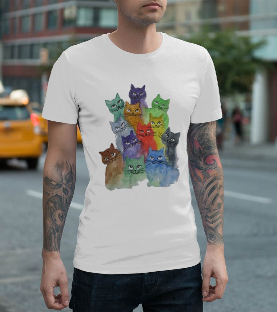 Cats All Around Colorful Watercolor Feline Faces T-Shirt