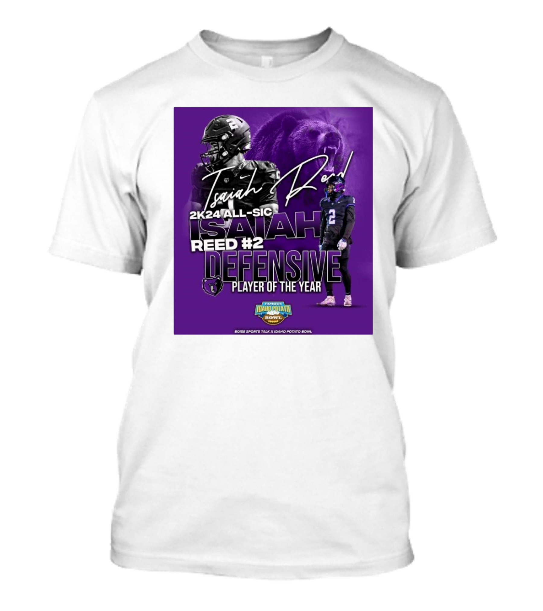 Isaiah Reed 2k24 All-SIC Reed #2 Defensive Player Of The Year Famous Idaho Potato Bowl T-Shirt