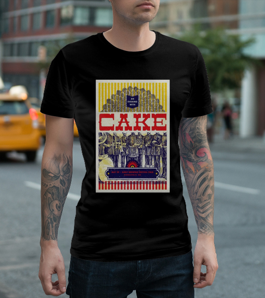 An Evening With Cake May 29 2025 Surly Brewing Festival Field Minneapolis MN Striped Sunburst With Soldiers And Animals T-Shirt