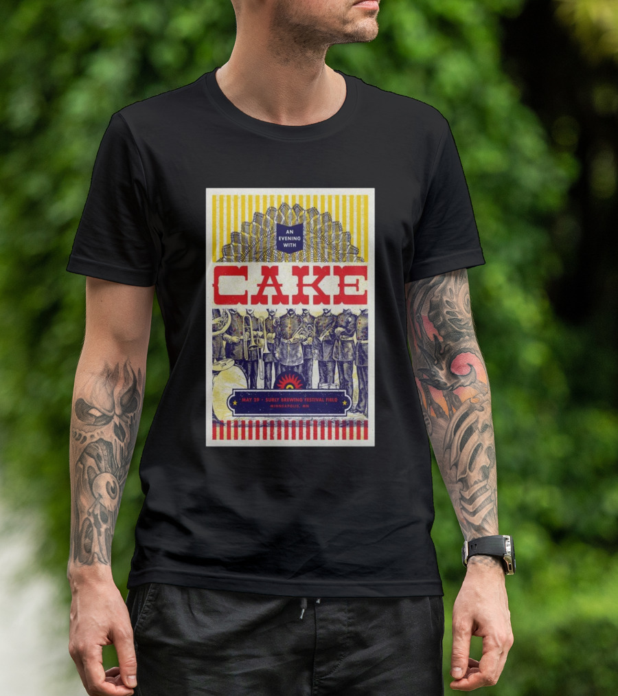 An Evening With Cake May 29 2025 Surly Brewing Festival Field Minneapolis MN Striped Sunburst With Soldiers And Animals T-Shirt