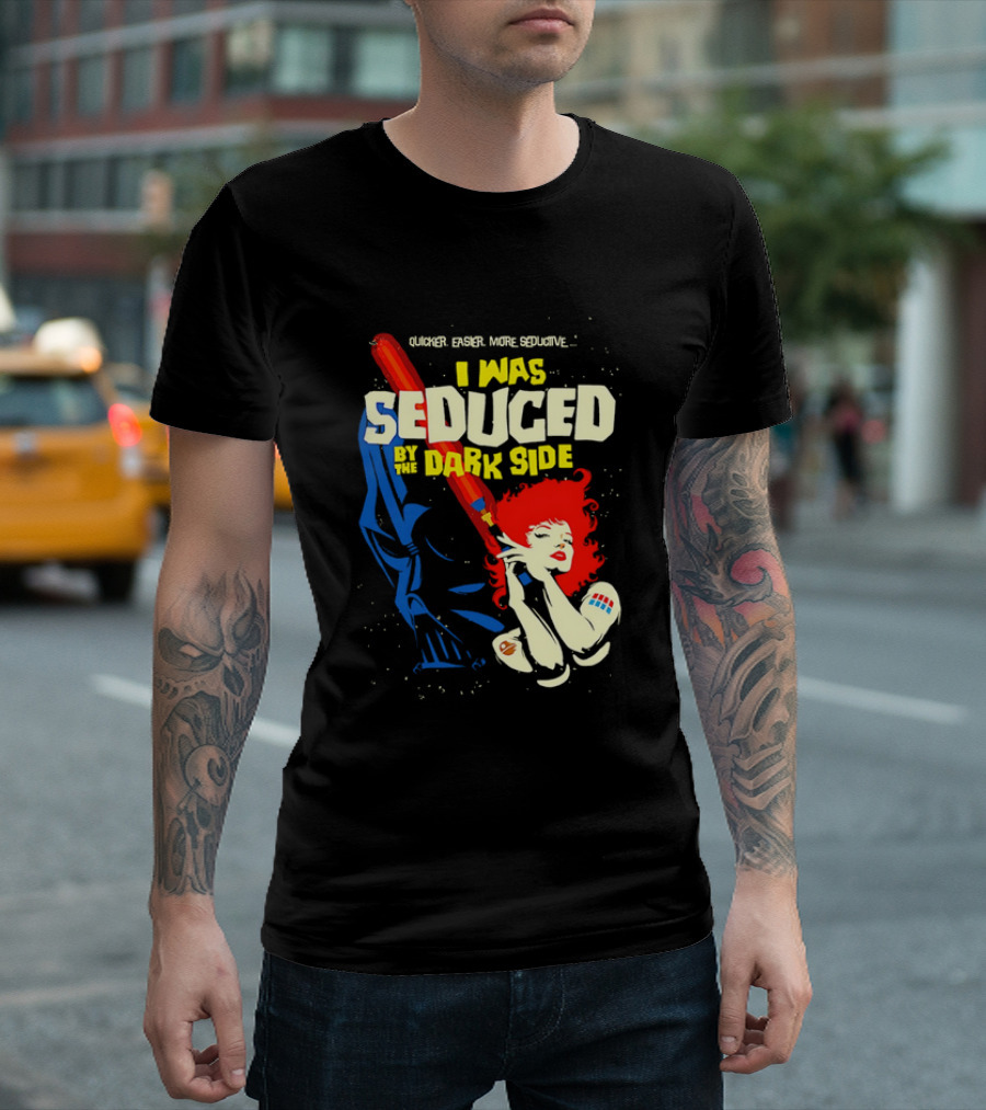 I Was Seduced by the Dark Side Cartoon Darth Vader and Redhead Woman T-Shirt