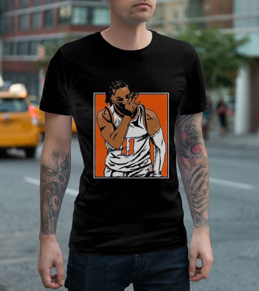 Jalen Brunson Number 11 Knicks Celebration Gesture Orange Background T-Shirt