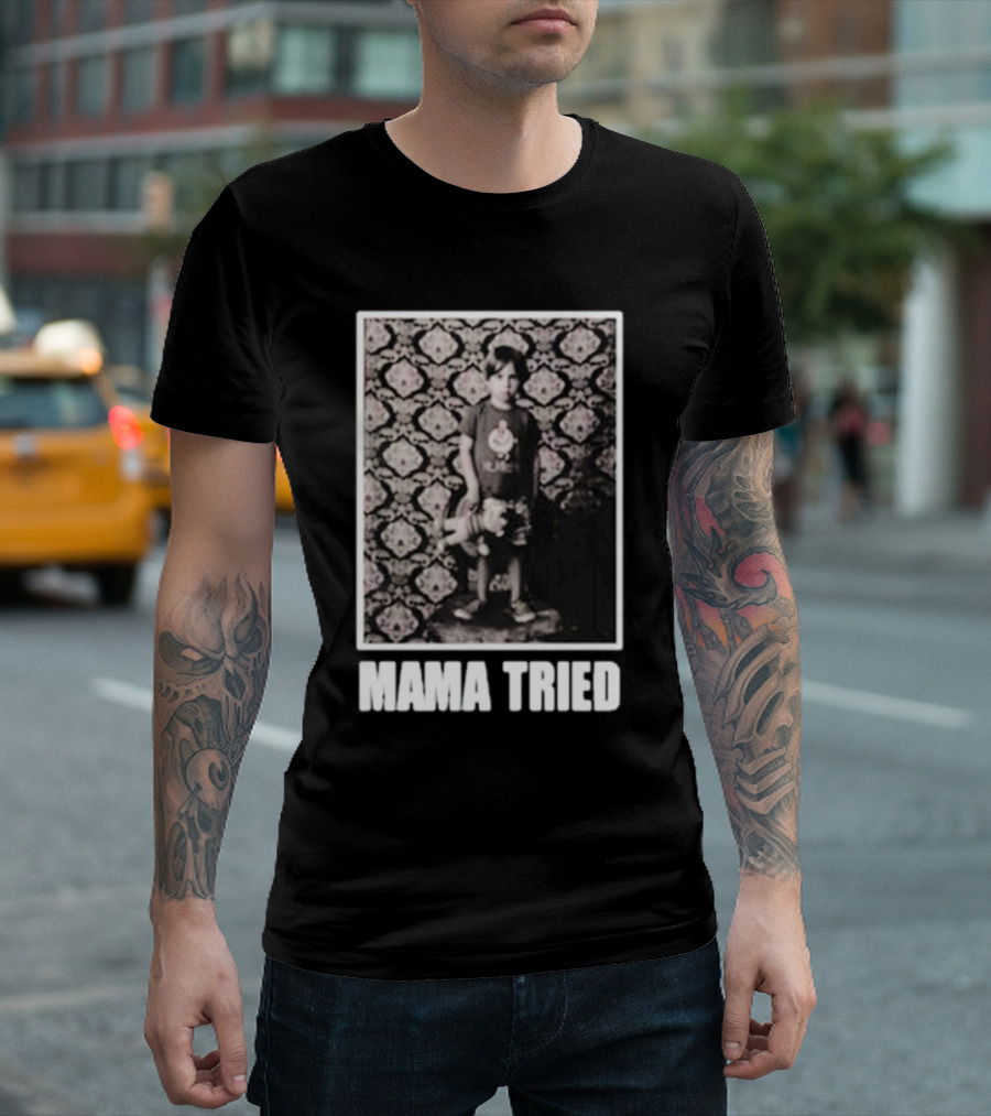 James Clark Mama Tried Child Holding Teddy On Abstract Wallpaper T-Shirt
