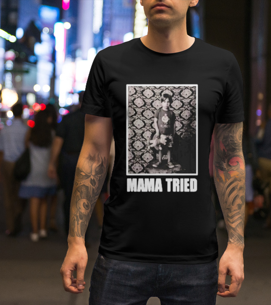 James Clark Mama Tried Child Holding Teddy On Abstract Wallpaper T-Shirt
