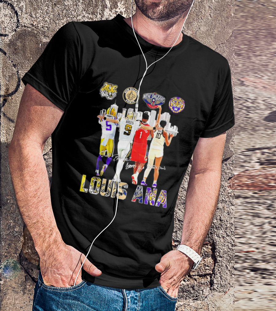 Louisiana Sports Teams 2025 Signatures Skyline Drew Brees Tiger Saint Pelican LSU T-Shirt