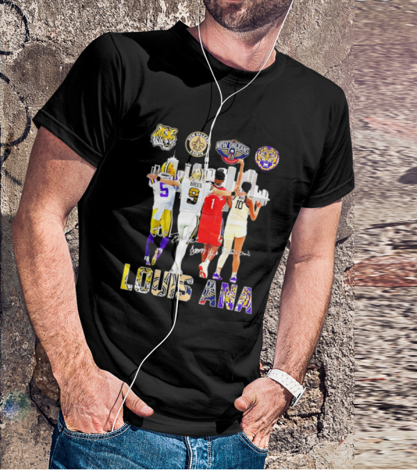 Louisiana Sports Teams 2025 Signatures Skyline Drew Brees Tiger Saint Pelican LSU T-Shirt