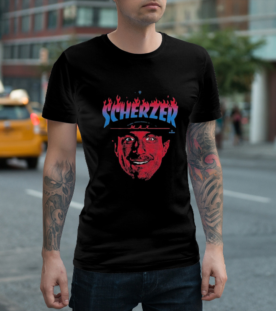 Max Scherzer Flames Face Blue and Red Illustration T-Shirt