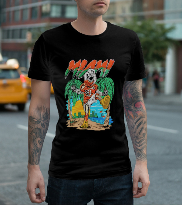 Miami Hurricanes Sebastian The Ibis Palm Trees Cityscape Sunrise T-Shirt