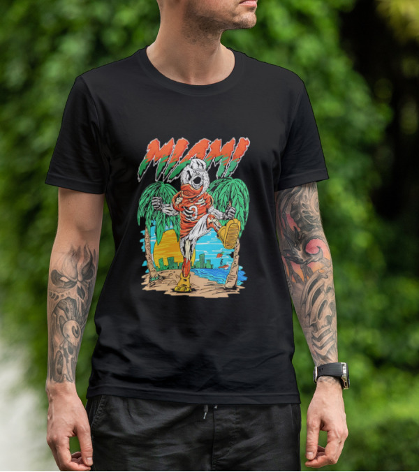 Miami Hurricanes Sebastian The Ibis Palm Trees Cityscape Sunrise T-Shirt