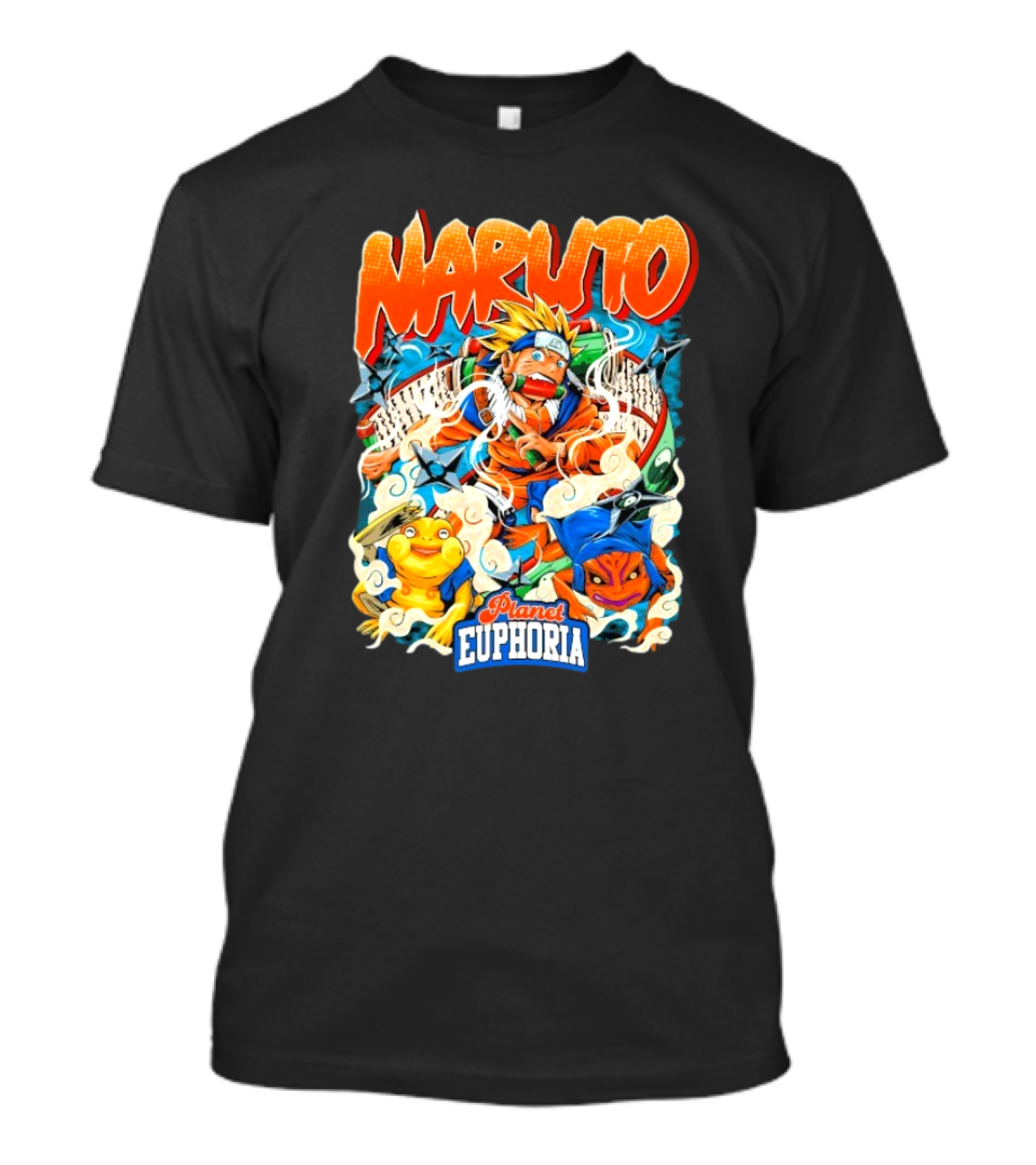 Naruto Planet Euphoria Visible Text With Ninja Frogs And Kunai Swirling Cloud Elements T-Shirt