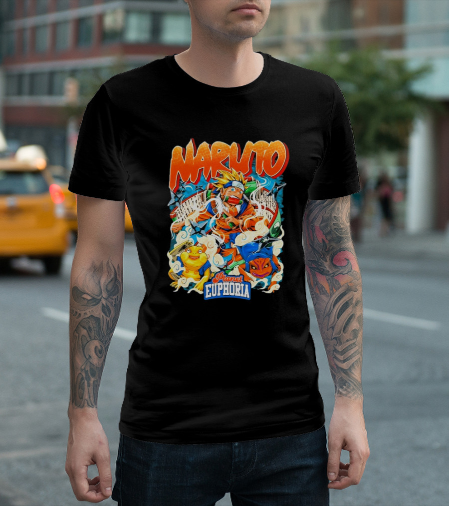 Naruto Planet Euphoria Visible Text With Ninja Frogs And Kunai Swirling Cloud Elements T-Shirt