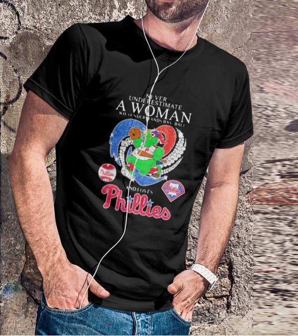 Never Underestimate A Woman Who Understands Baseball And Loves Phillies Mascot Diamond Heart T-Shirt