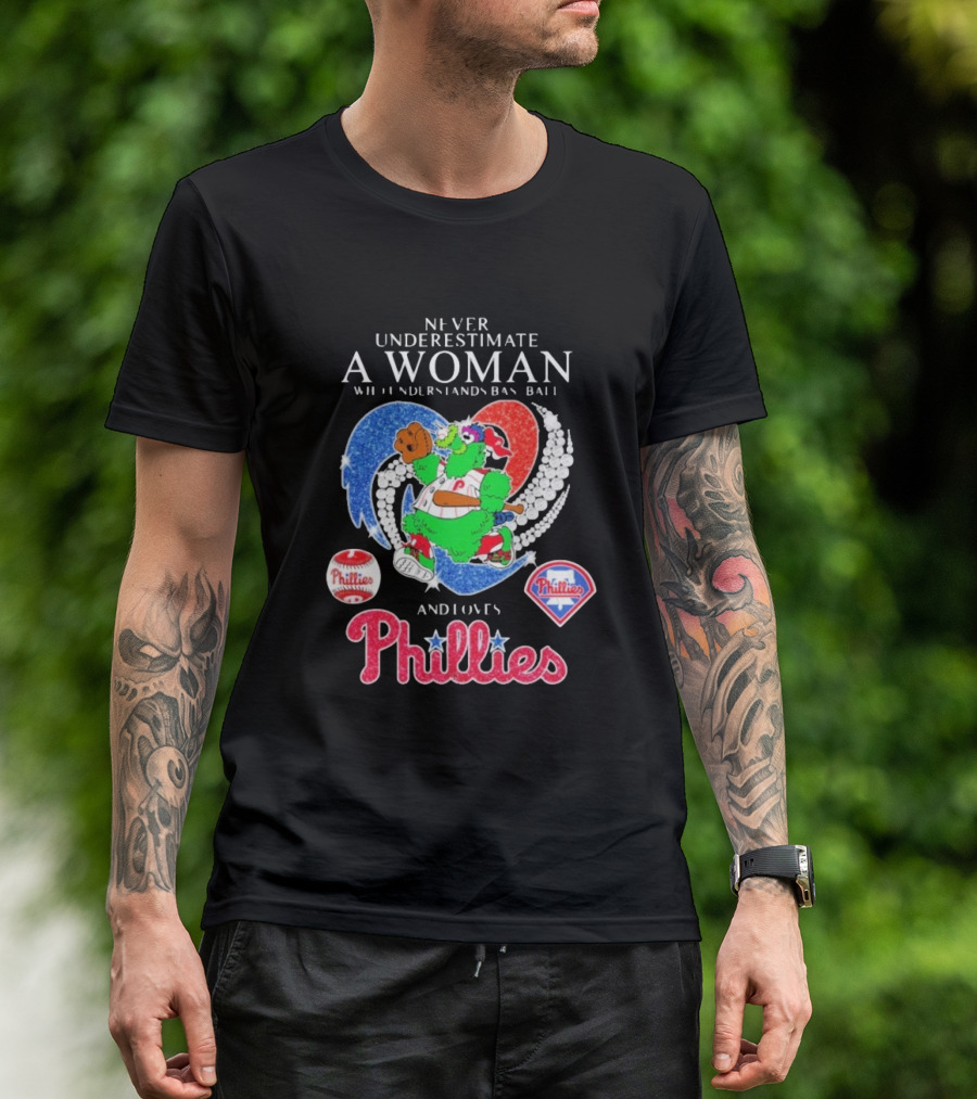 Never Underestimate A Woman Who Understands Baseball And Loves Phillies Mascot Diamond Heart T-Shirt