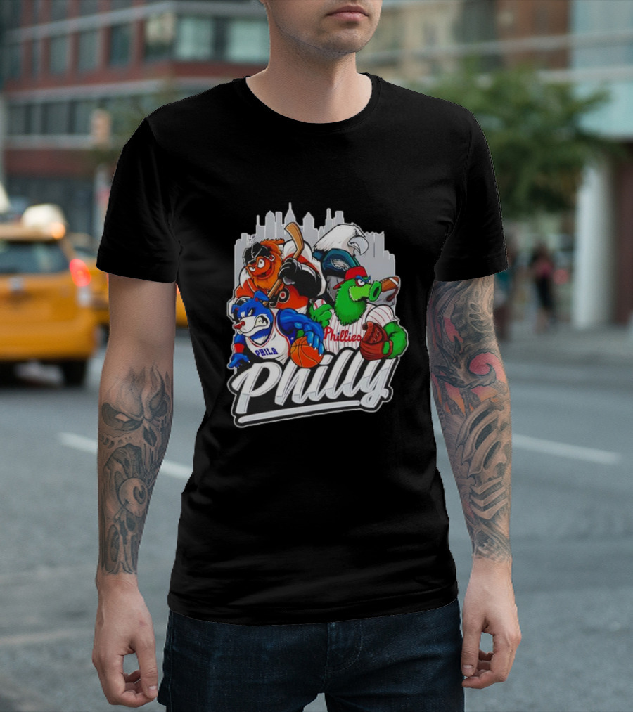 Philly Sports Mascots Basketball Baseball Hockey City Skyline T-Shirt