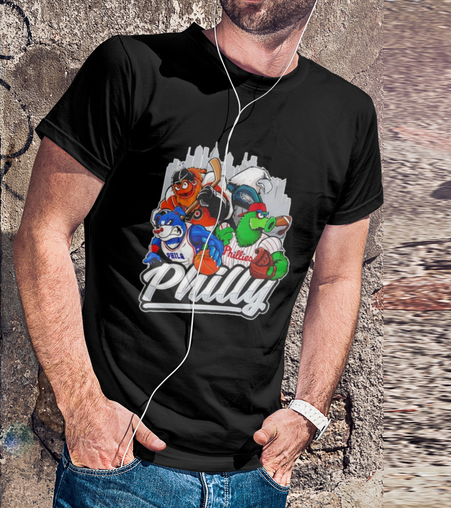 Philly Sports Mascots Basketball Baseball Hockey City Skyline T-Shirt