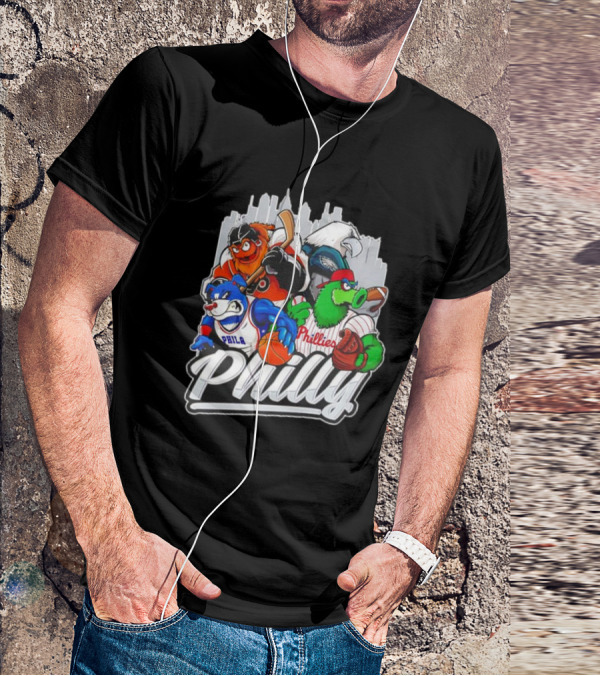 Philly Sports Mascots Basketball Baseball Hockey City Skyline T-Shirt