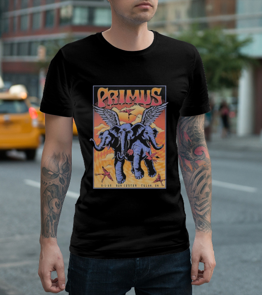 Primus Event Show F4D Studios May 1 2025 Tulsa BOK Center Winged Blue Elephants And Orange Sky Art T-Shirt