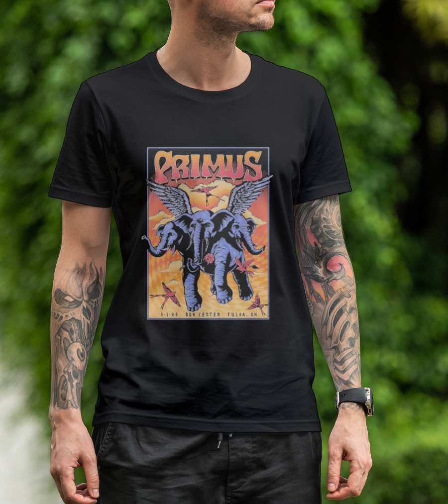 Primus Event Show F4D Studios May 1 2025 Tulsa BOK Center Winged Blue Elephants And Orange Sky Art T-Shirt