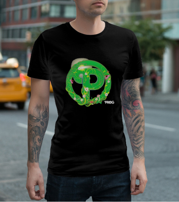Prog Green Nature-Inspired Letter P With Flowers And Mushrooms T-Shirt