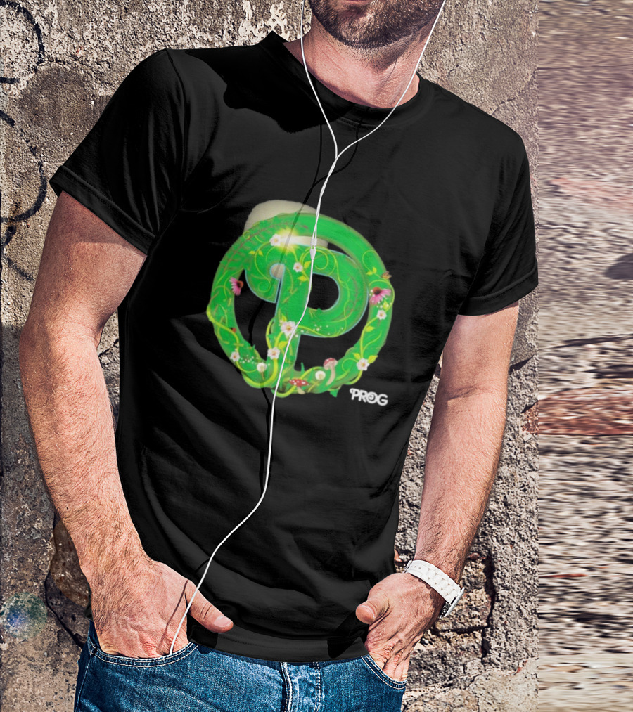 Prog Green Nature-Inspired Letter P With Flowers And Mushrooms T-Shirt