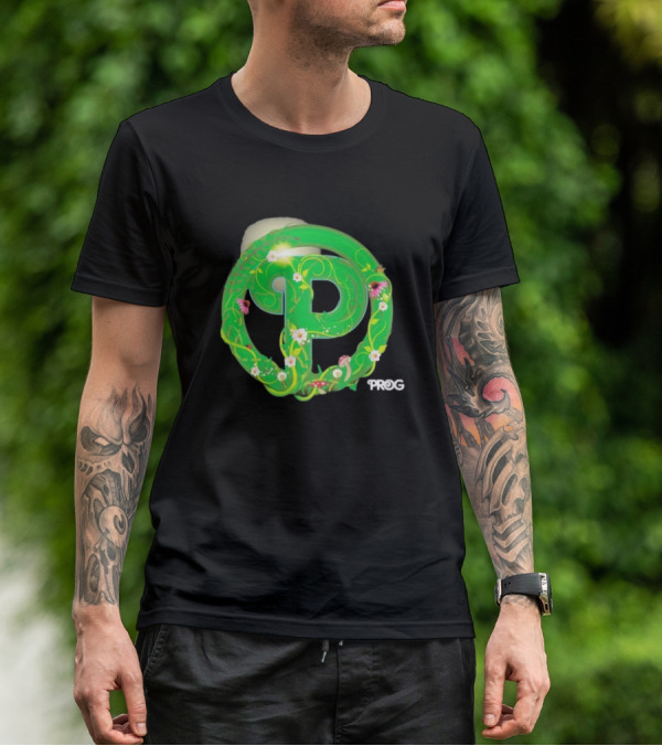 Prog Green Nature-Inspired Letter P With Flowers And Mushrooms T-Shirt